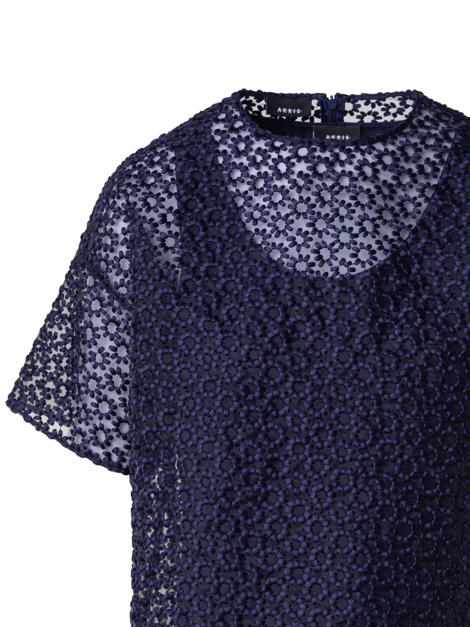 Designer St.Gallen Flower Embroidery Organza Blouse - navy - blue