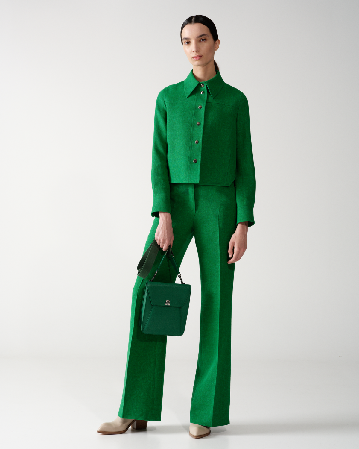 Designer Wide Straight Linen Wool Double-Face Pants - green #editorial