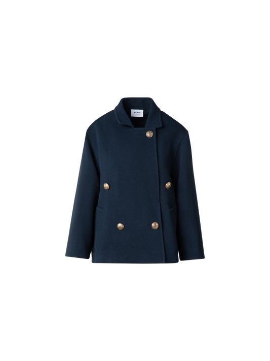 Designer Double-Breasted Wool Pea Coat - navy - blue