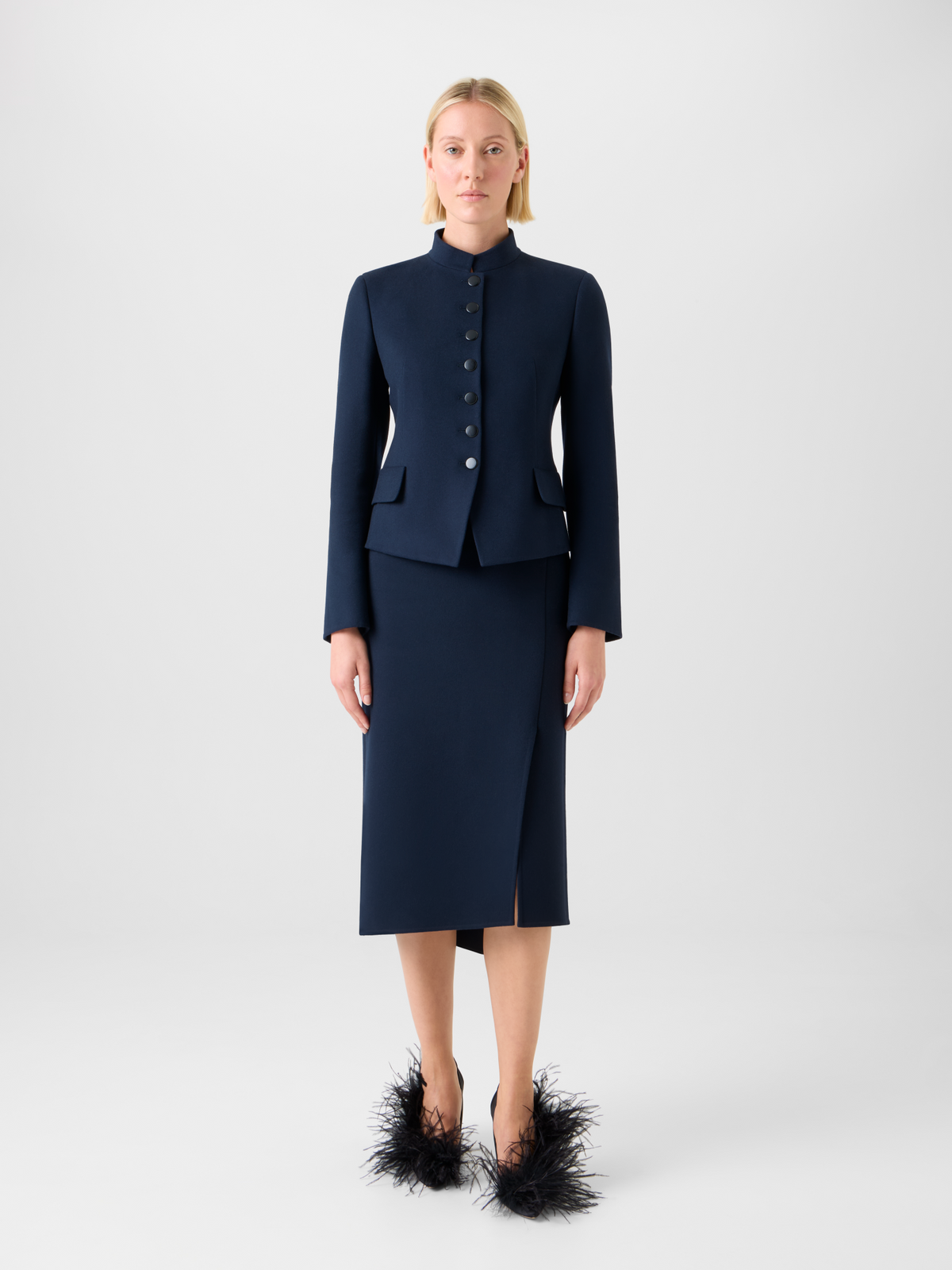 Designer Short Fitted Wool Flannel Double-Face Jacket - neutral - navy - blue #editorial