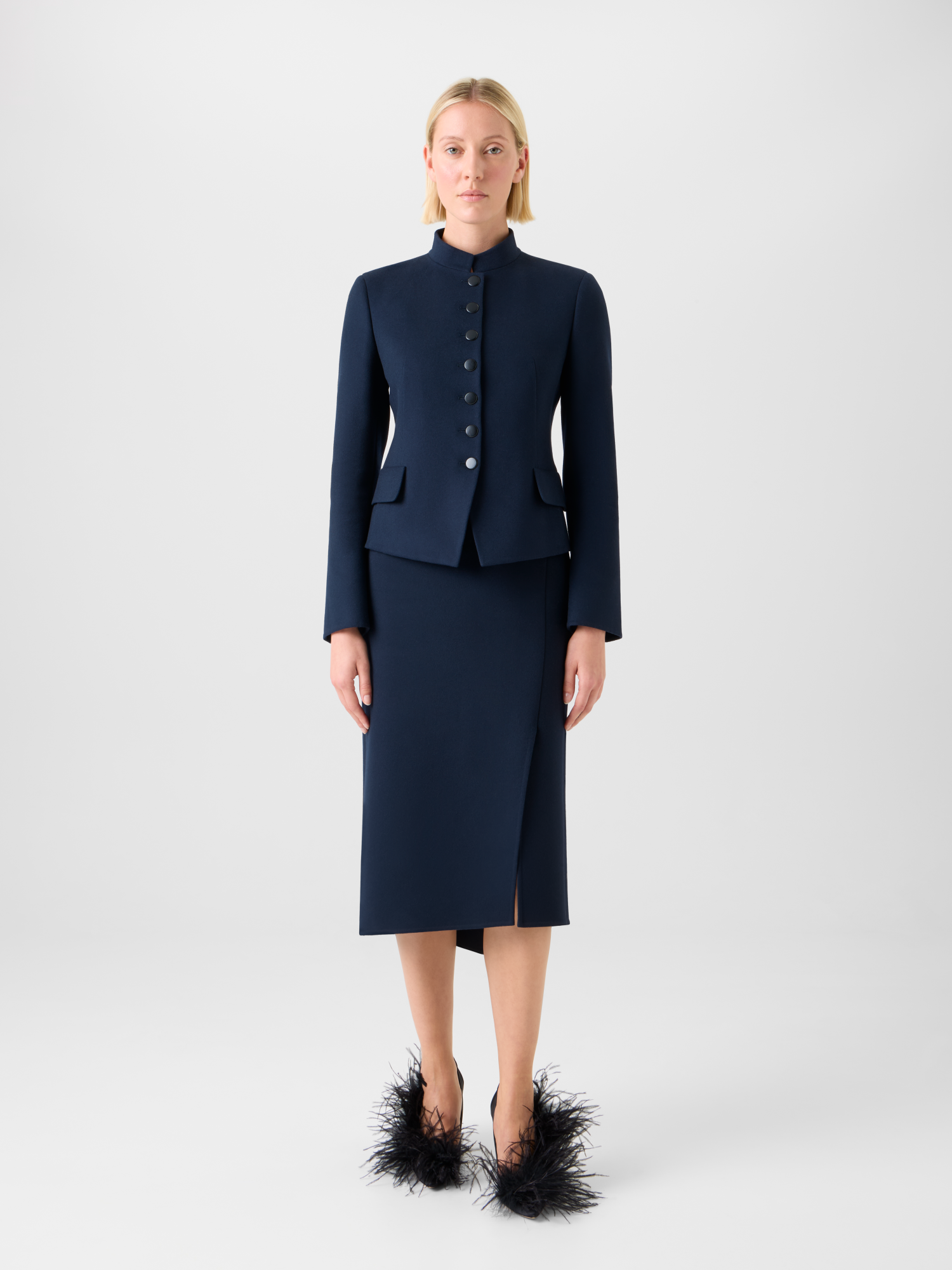 Designer Short Fitted Wool Flannel Double-Face Jacket - neutral - navy - blue 