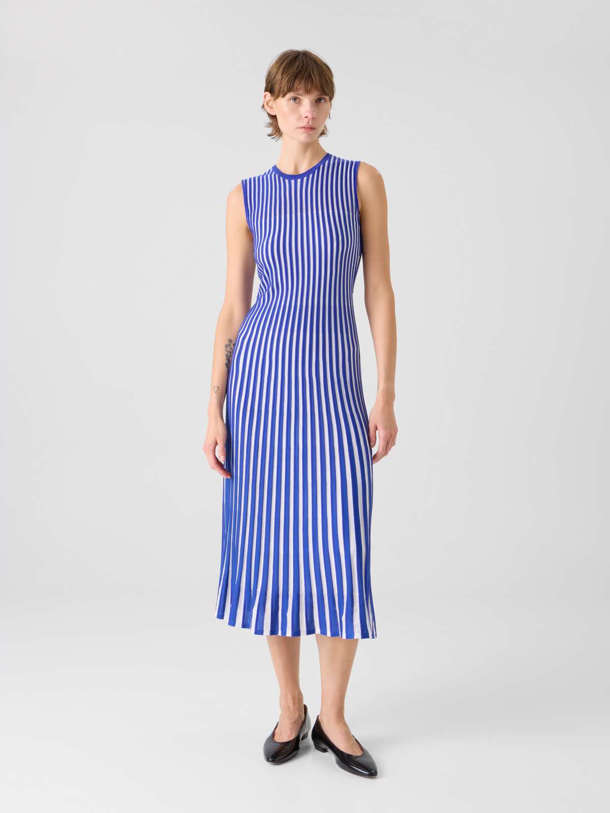 Designer Two Tone Rib Knit Dress with Sheer Shoulders - blue #editorial