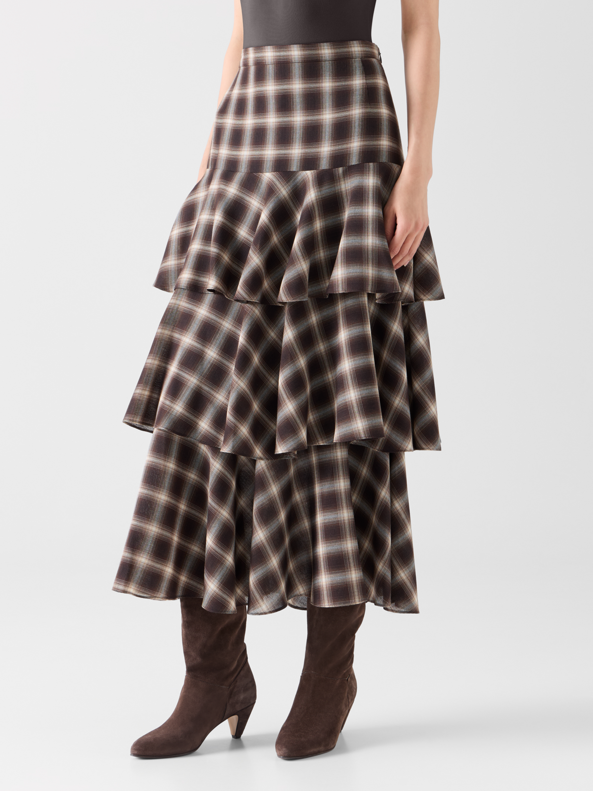 Designer Tiered Midi Skirt in Plaid Shelley - multicolor #editorial