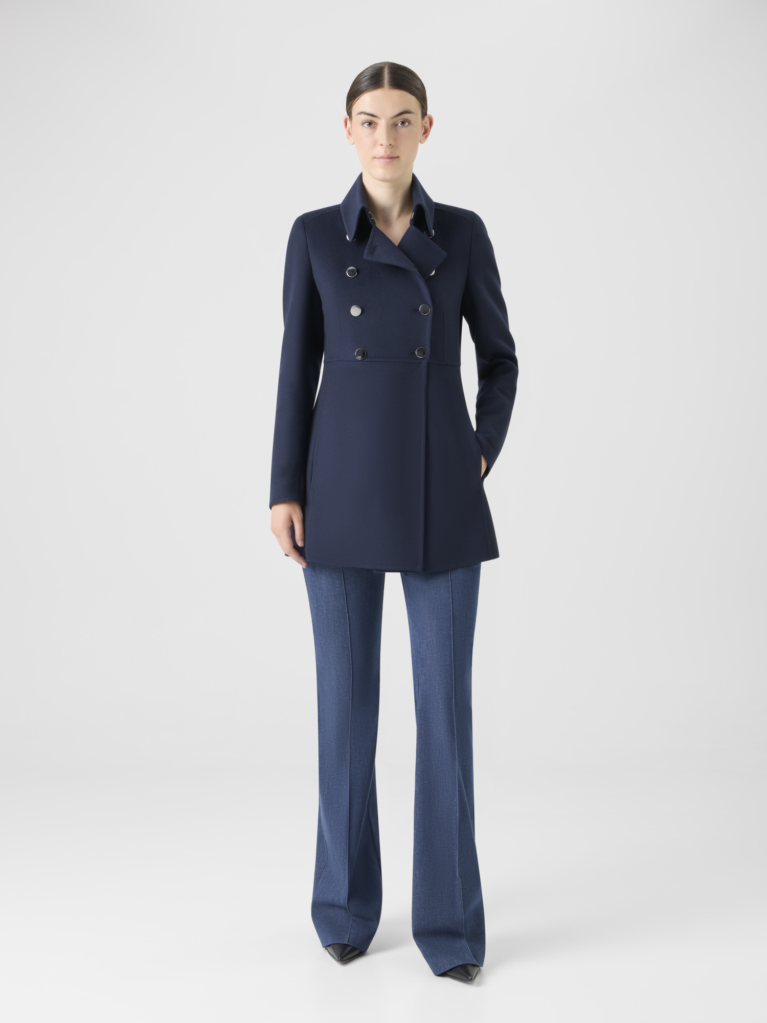 Designer Wool Double-Face Short Coat - navy 