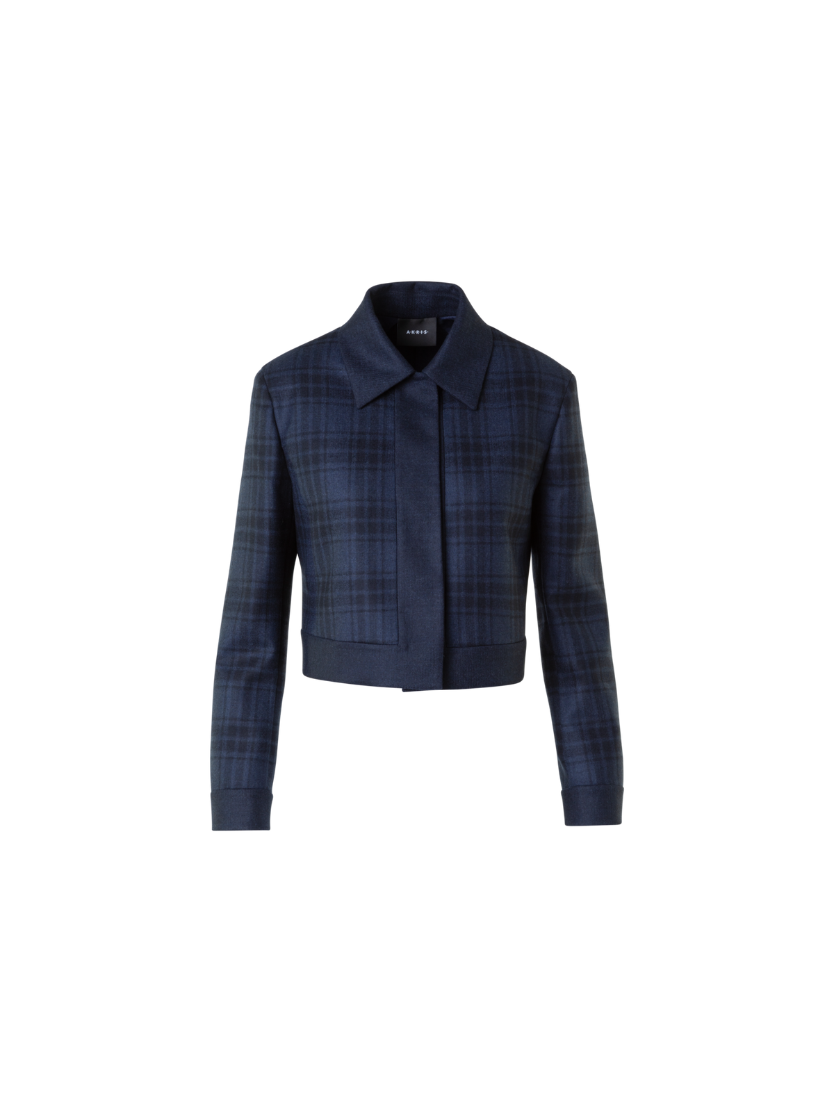 Designer Short Wool Double-Face Plaid Jacket - neutral - navy - blue