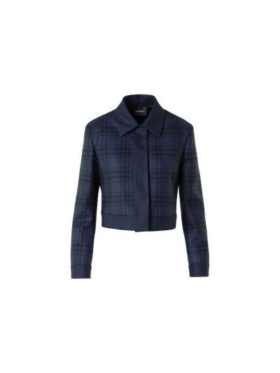 Designer Short Wool Double-Face Plaid Jacket - neutral - navy - blue