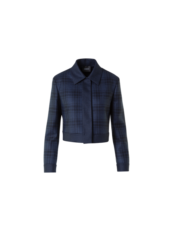 Designer Short Wool Double-Face Plaid Jacket - neutral - navy - blue