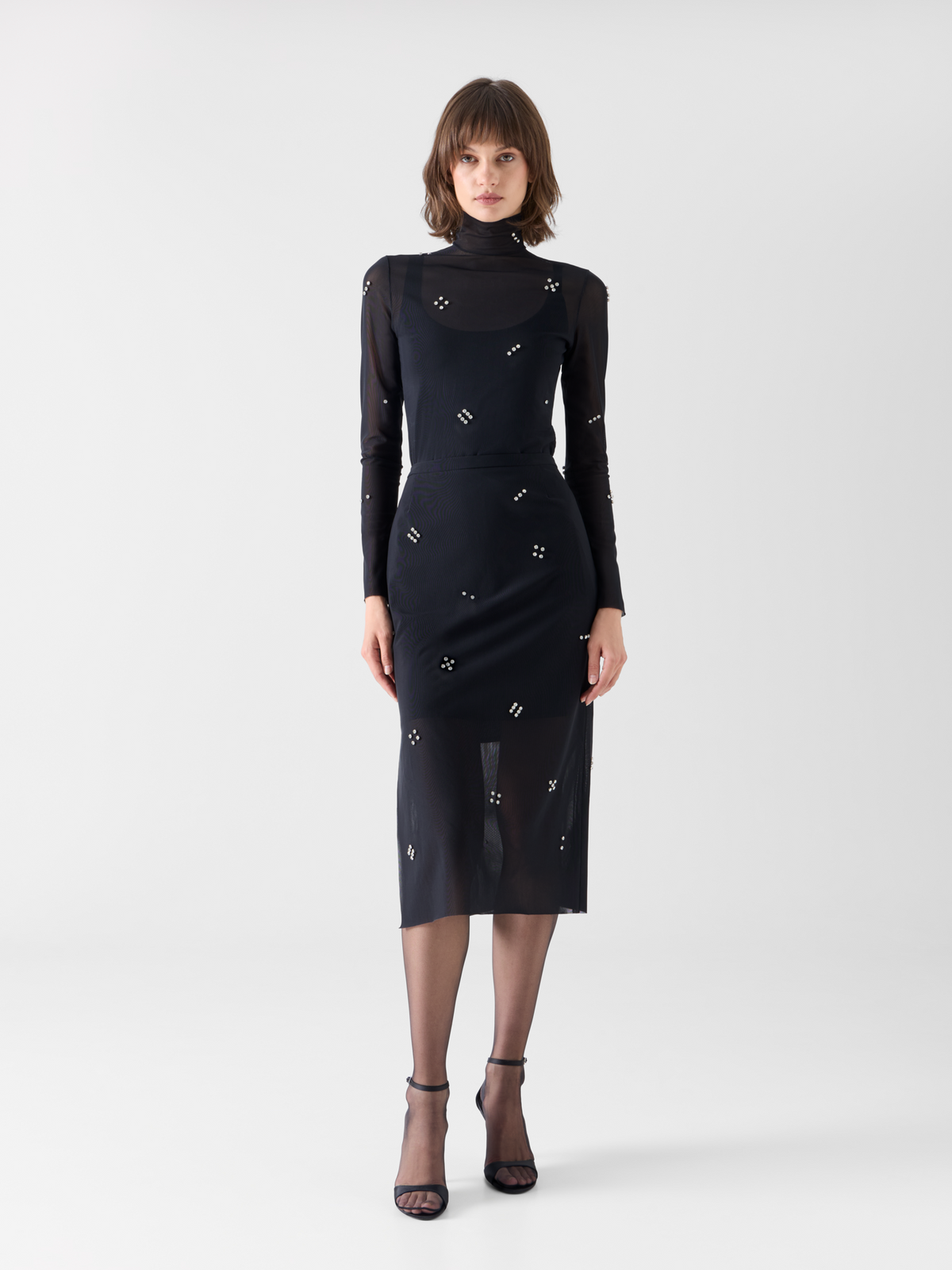 Designer Tulle Pencil Skirt with Diamond Dice Dot Embellishment - black #editorial