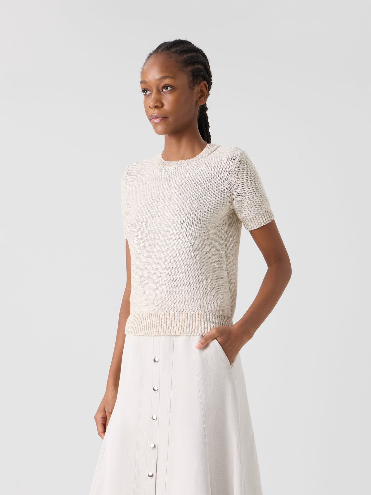 Designer Sequined Short Sleeve Linen Cotton Sweater - neutral - beige #editorial