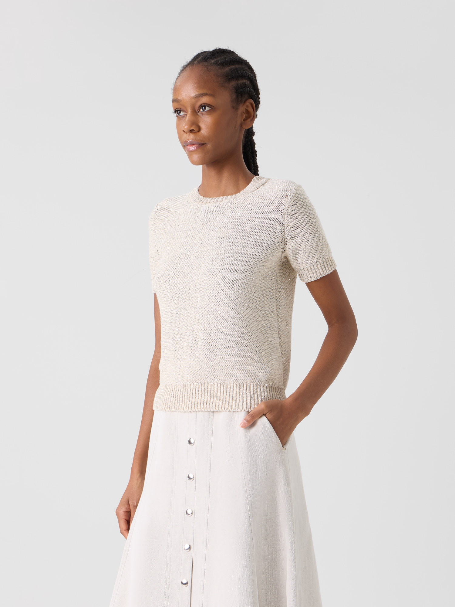 Designer Sequined Short Sleeve Linen Cotton Sweater - neutral - beige 