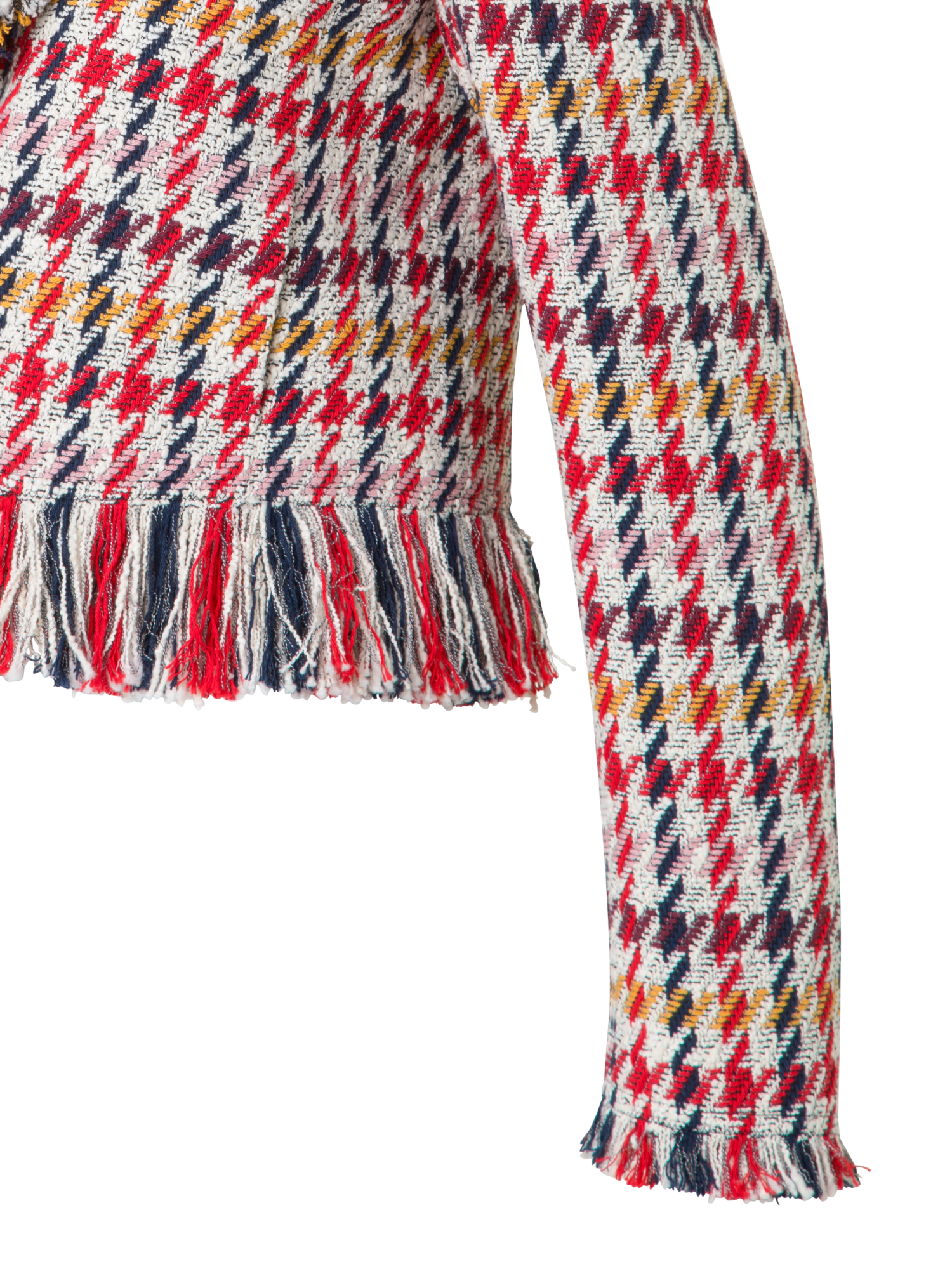 Designer Short Tweed Jacket with Fringes - multicolor - red