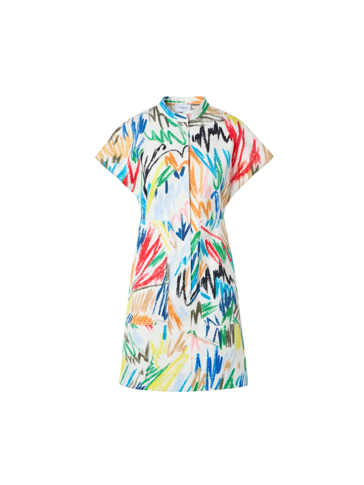 Designer Belted Scribble Print Cotton Denim Mini Dress - multicolor - ecru