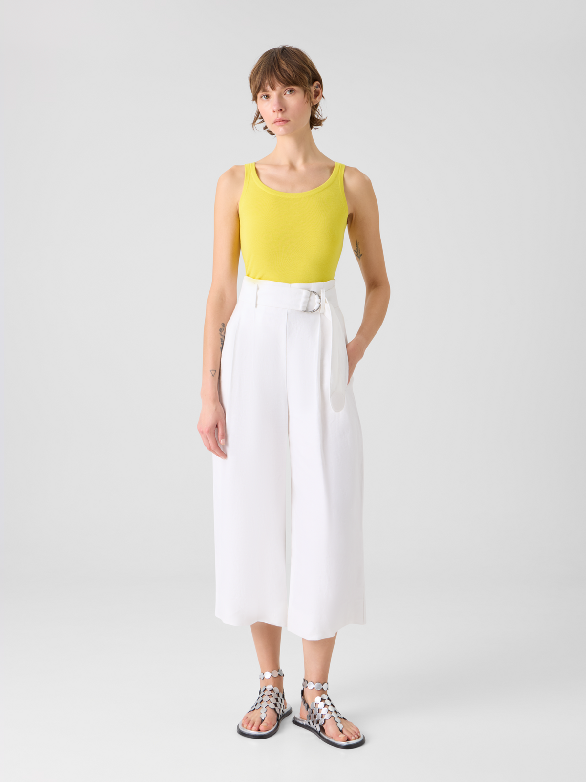 Designer Fiorella High-Rise Pleated Raw Linen Culotte Pants - white