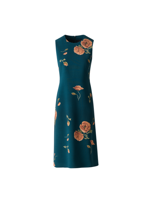 Designer Sheath Dress in Wool Double-Face Anemone Print - green - multicolor