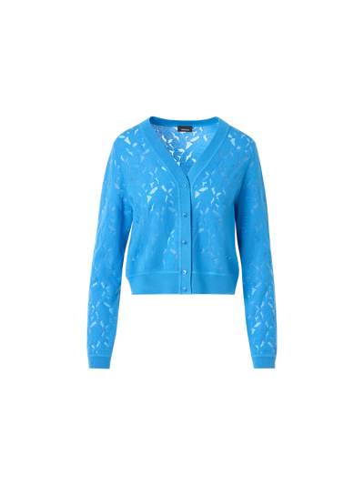 Designer Wool-Silk Whitecaps Intarsia Cardigan - blue