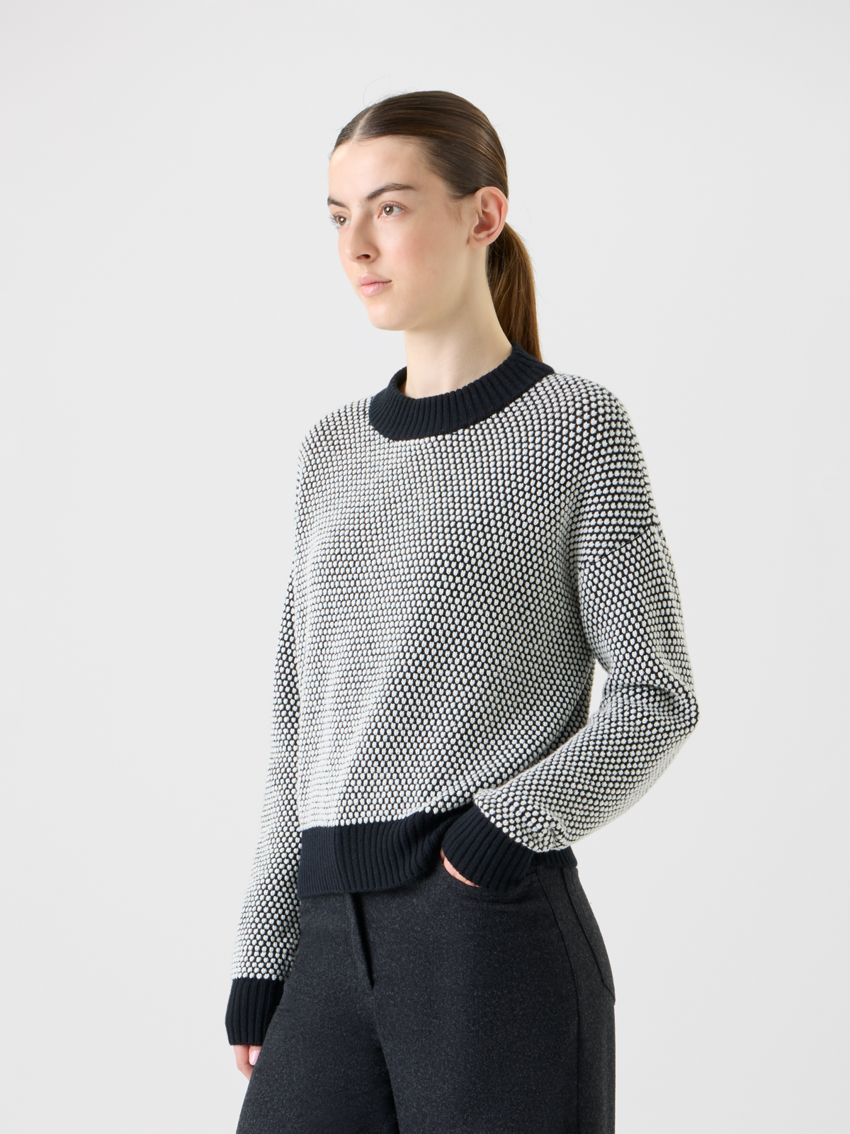 Designer Wool Cashmere 3D Dot Jacquard Knit Sweater - black - neutral - grey - multicolor #editorial