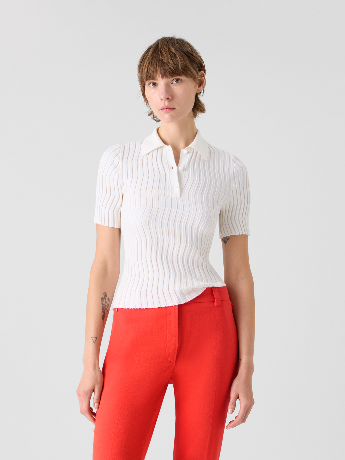 Designer Fitted Stretch Cotton Silk Knit Polo - ecru #editorial