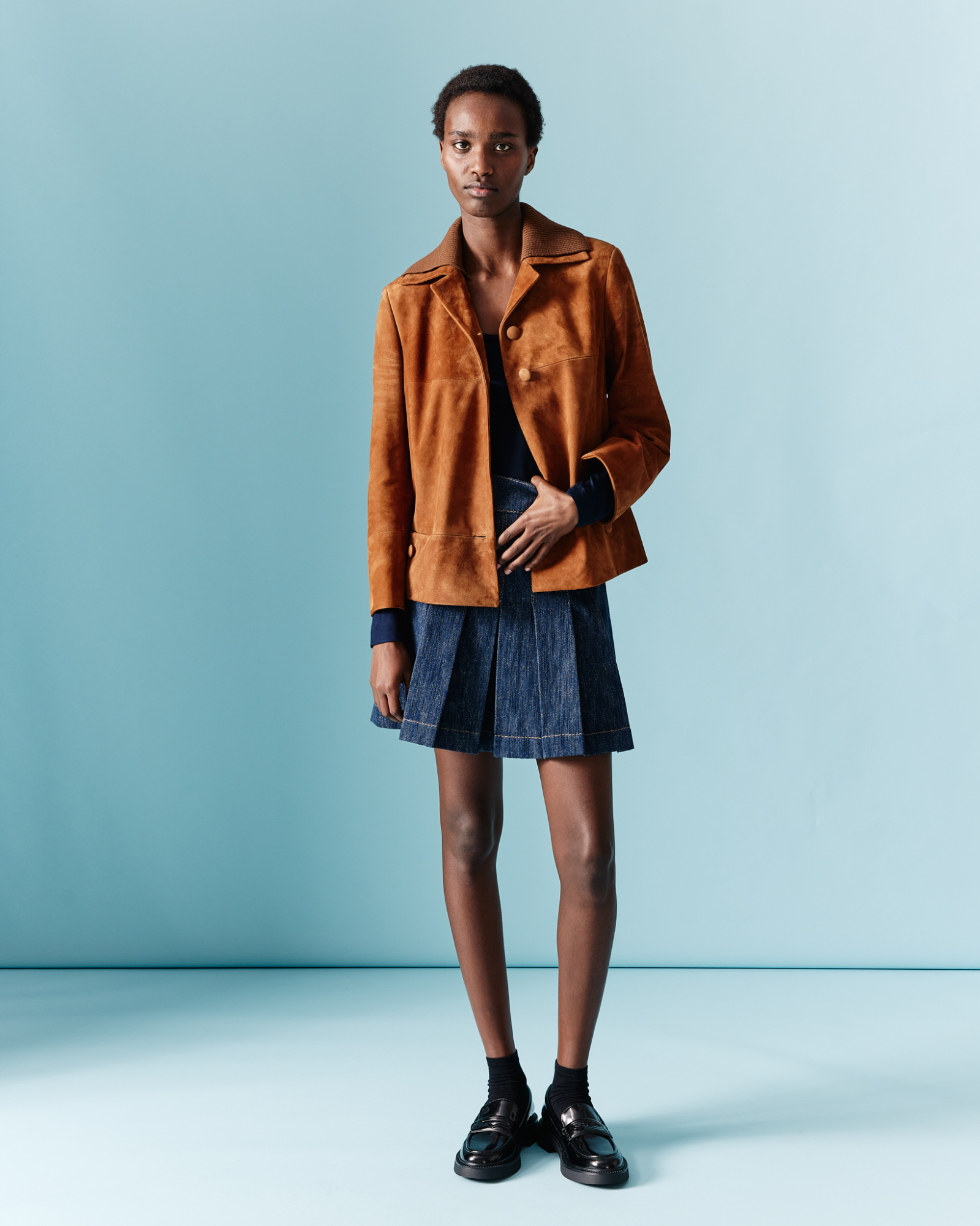 Designer Cropped Leather Jacket with Knit Collar - neutral - brown 