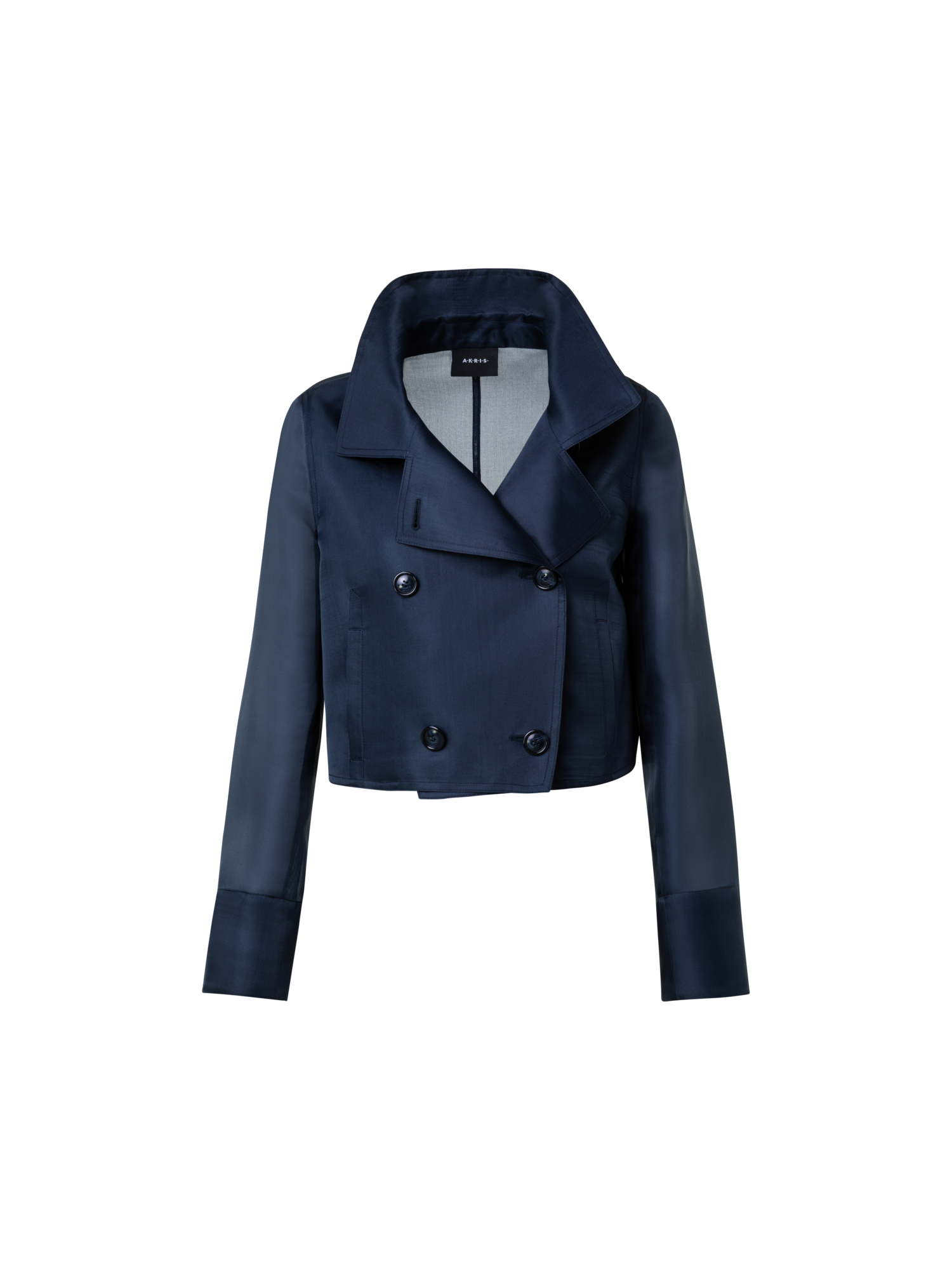 Designer Silk Organza Double-Breasted Short Jacket - navy - blue