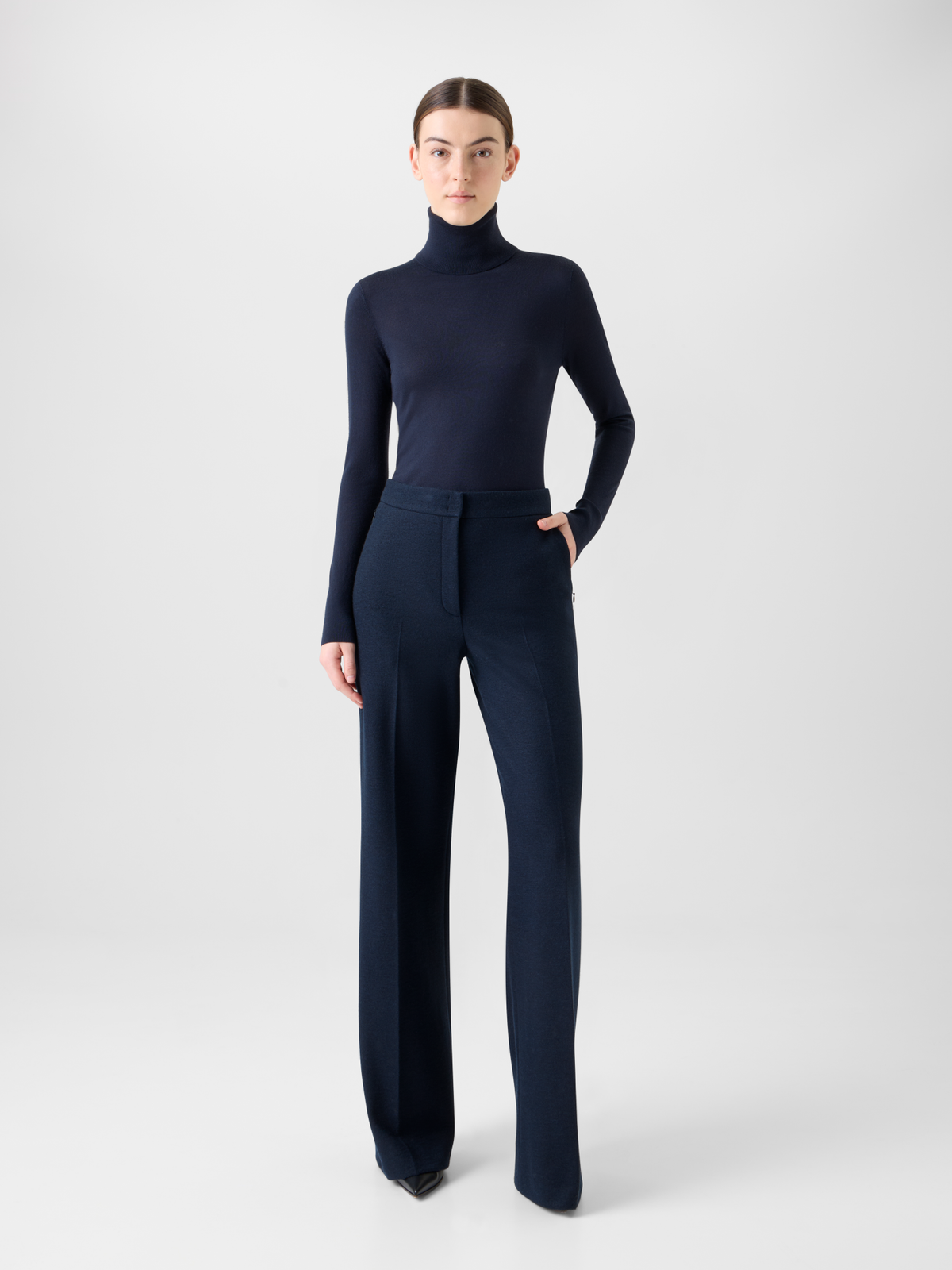 Designer Cashmere Silk Mock Neck Sweater with Rib Cuff - neutral - navy - blue #editorial