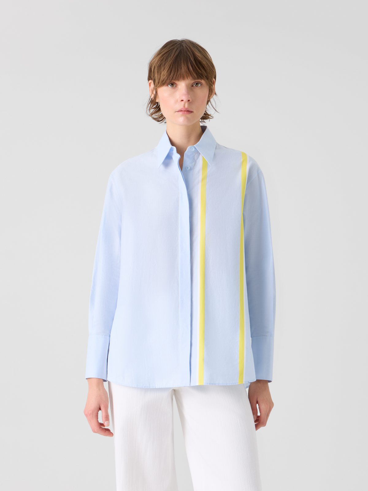 Designer Striped Cotton Chambré Shirt Blouse - pastel - blue #editorial