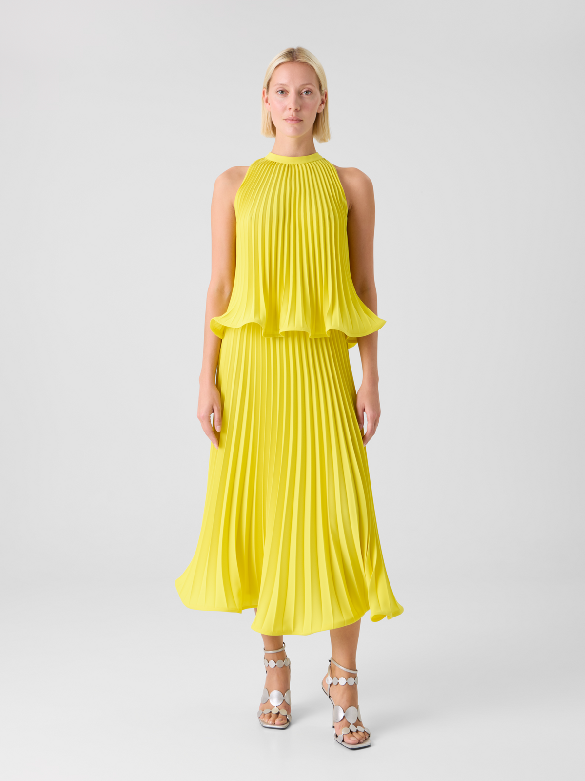 Designer A-Line Plissé Pleated Midi Skirt - yellow #editorial