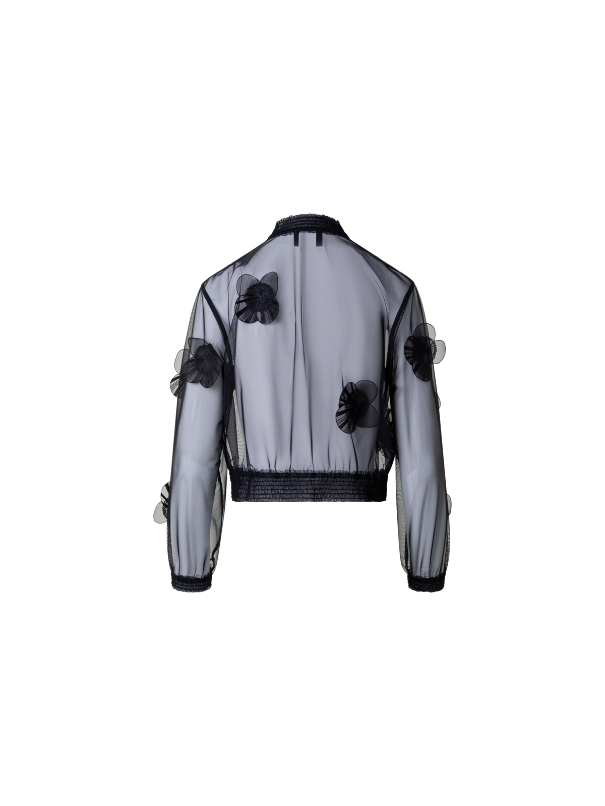 Designer Sheer Tulle Bomber Jacket with Poppy Flower - black