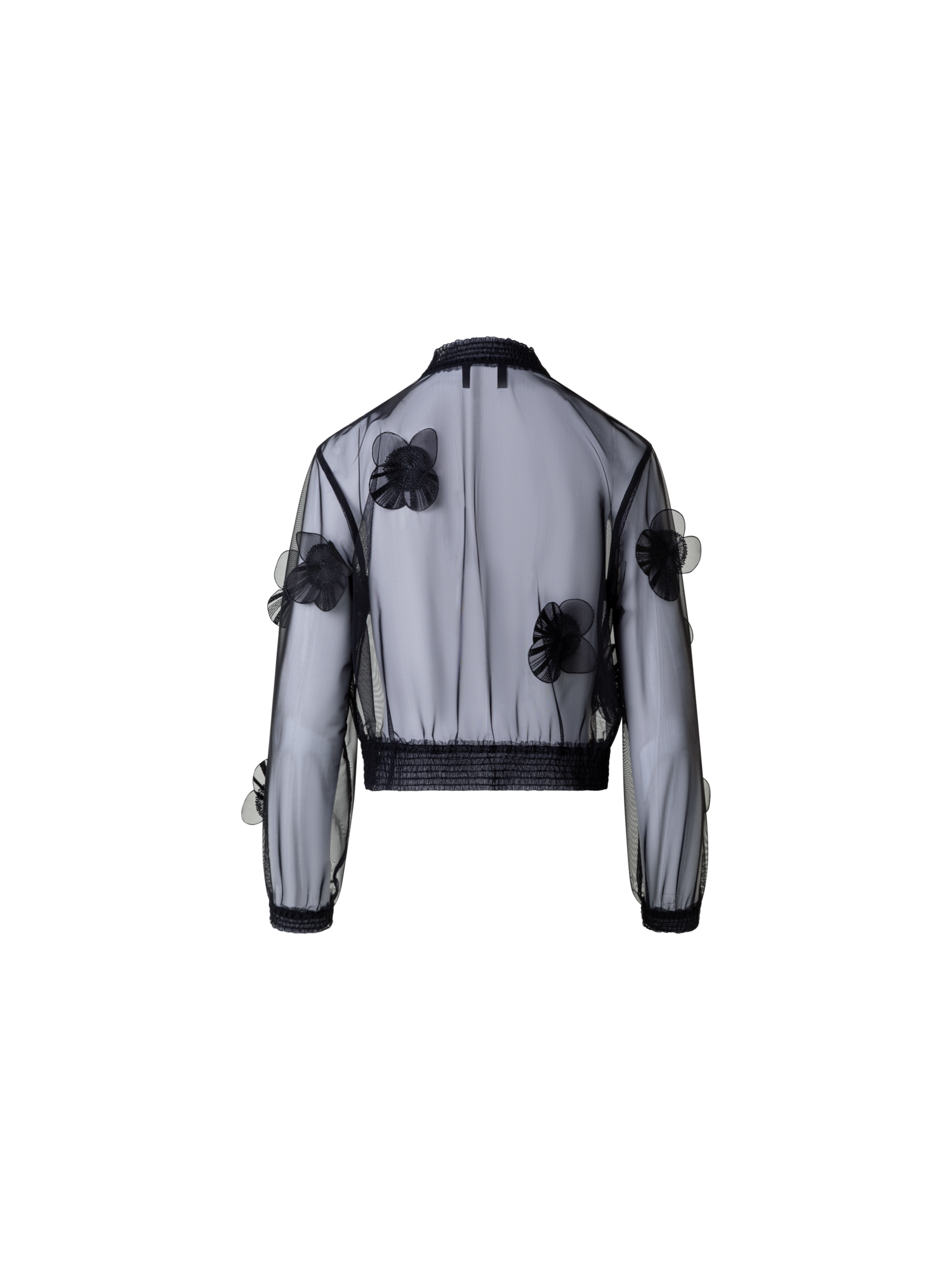 Designer Sheer Tulle Bomber Jacket with Poppy Flower - black