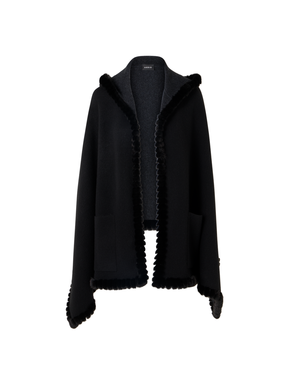 Designer Reversible Hooded Cashmere Cape with Mink Trim - grey - black