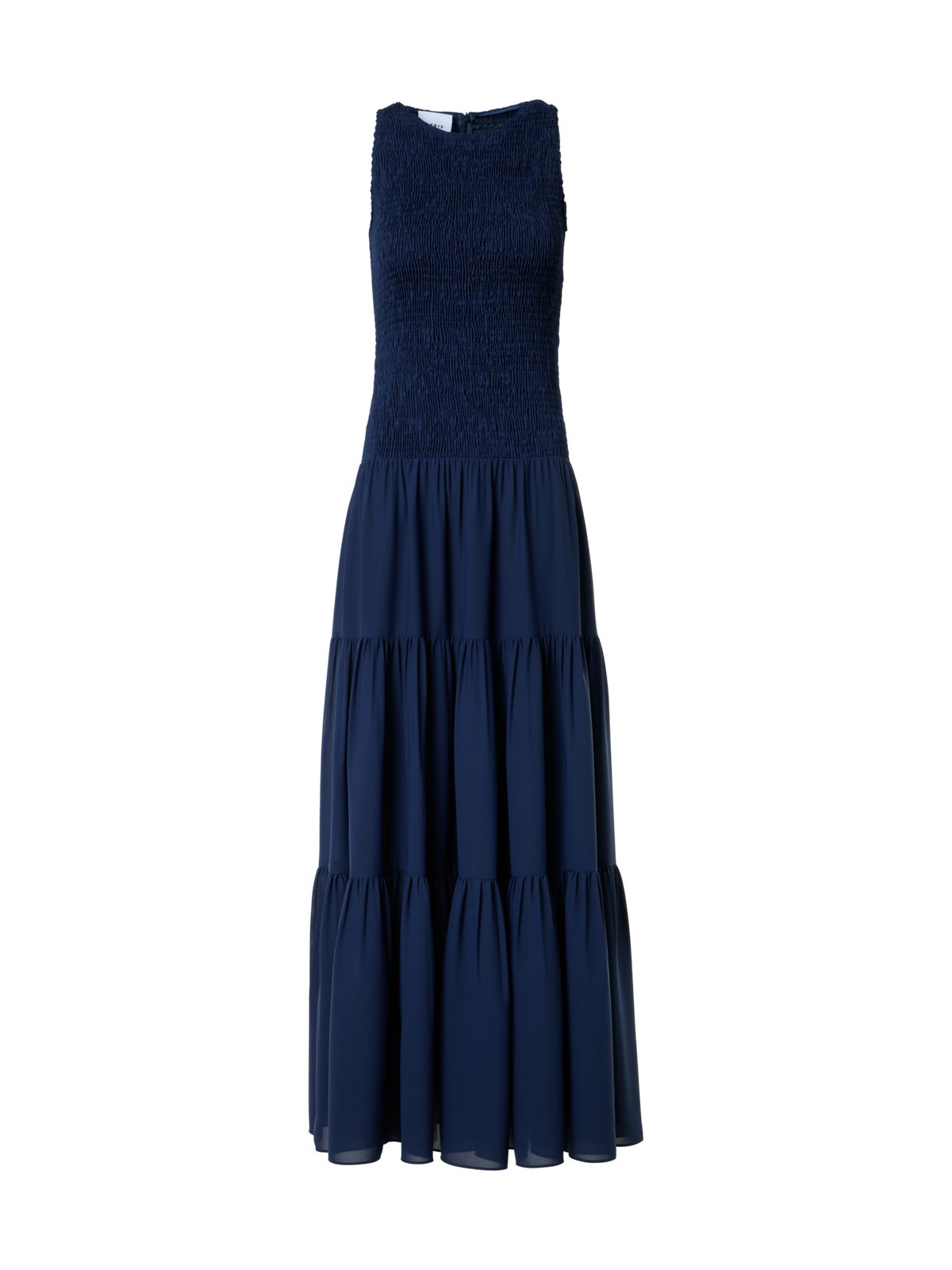 Designer Fitted Smocked Georgette A-Line Midi Dress - navy - blue