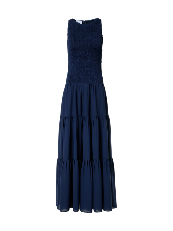 Designer Fitted Smocked Georgette A-Line Midi Dress - navy - blue