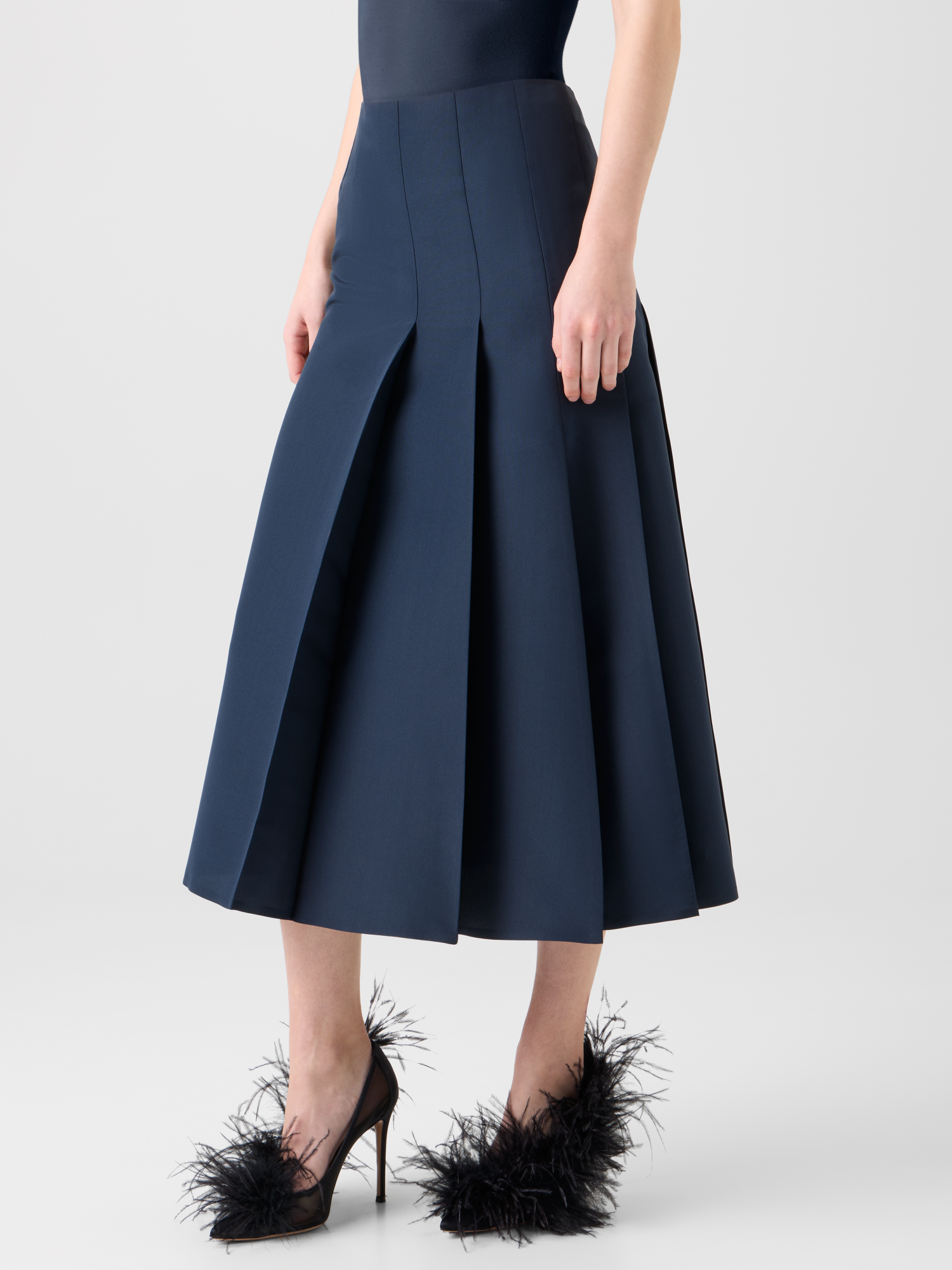Designer Half-Pleated Ottoman Silk Midi Skirt - neutral - navy - blue 