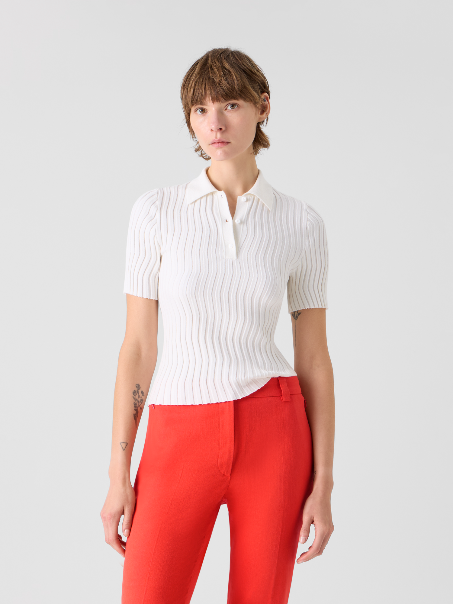 Designer Fitted Stretch Cotton Silk Knit Polo - ecru