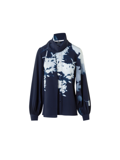Designer Tie Neck Silk Blouse in Wildflower Print - neutral - navy - blue - multicolor