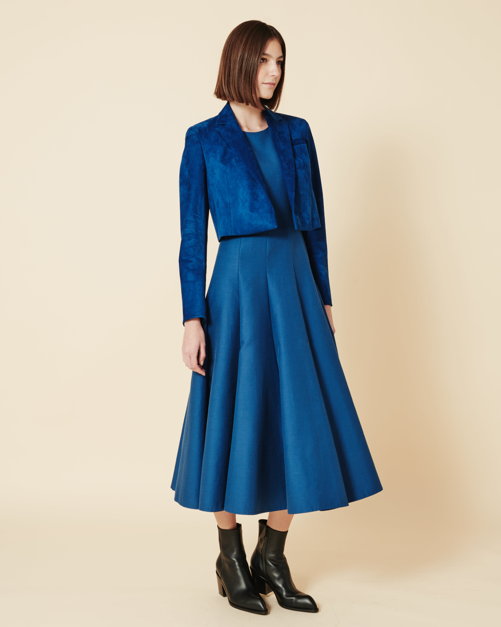 Designer Cropped Suede Leather Jacket with Lapel - blue 