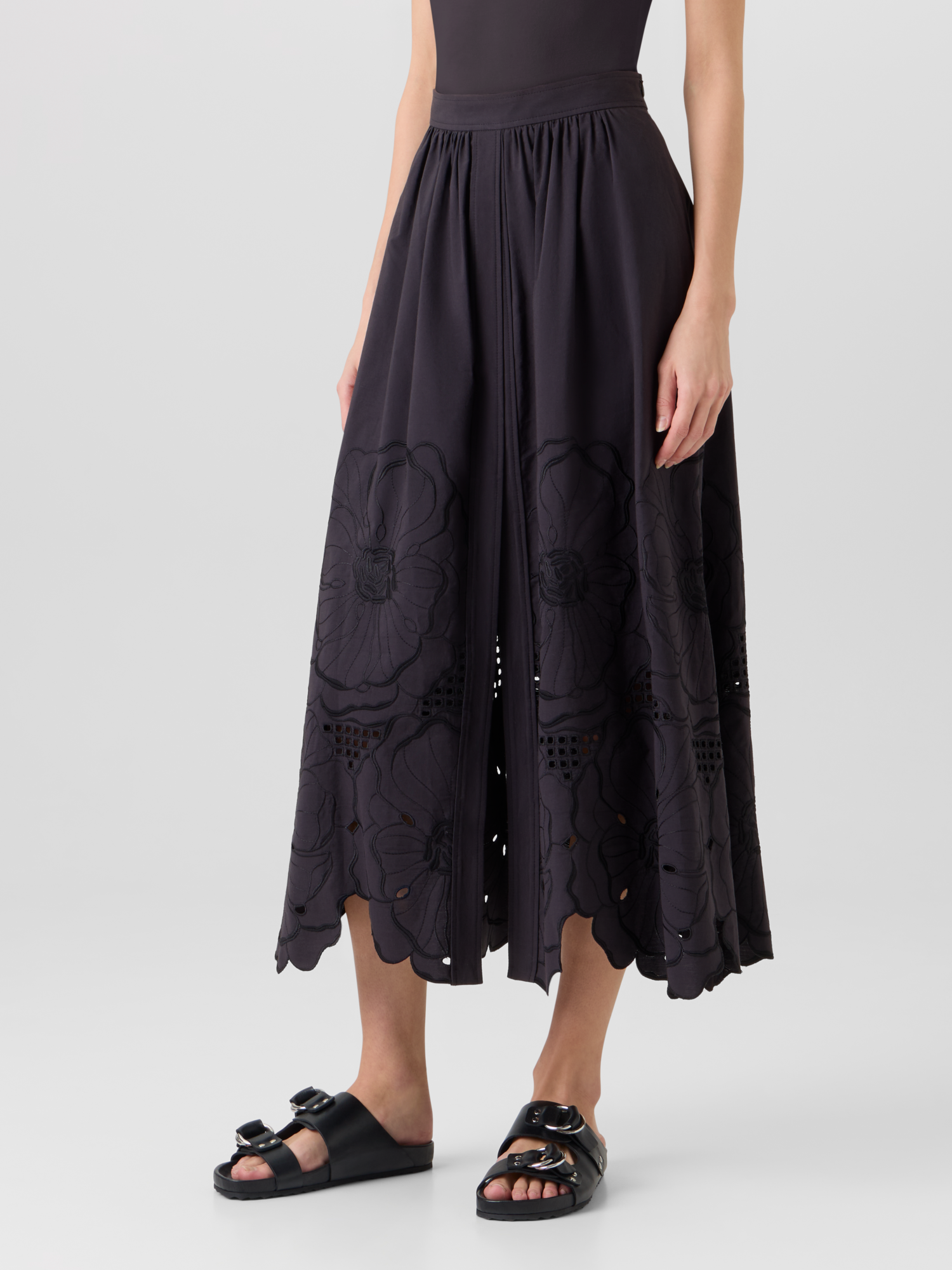 Designer Flared Flower Eyelet Midi Skirt - black 