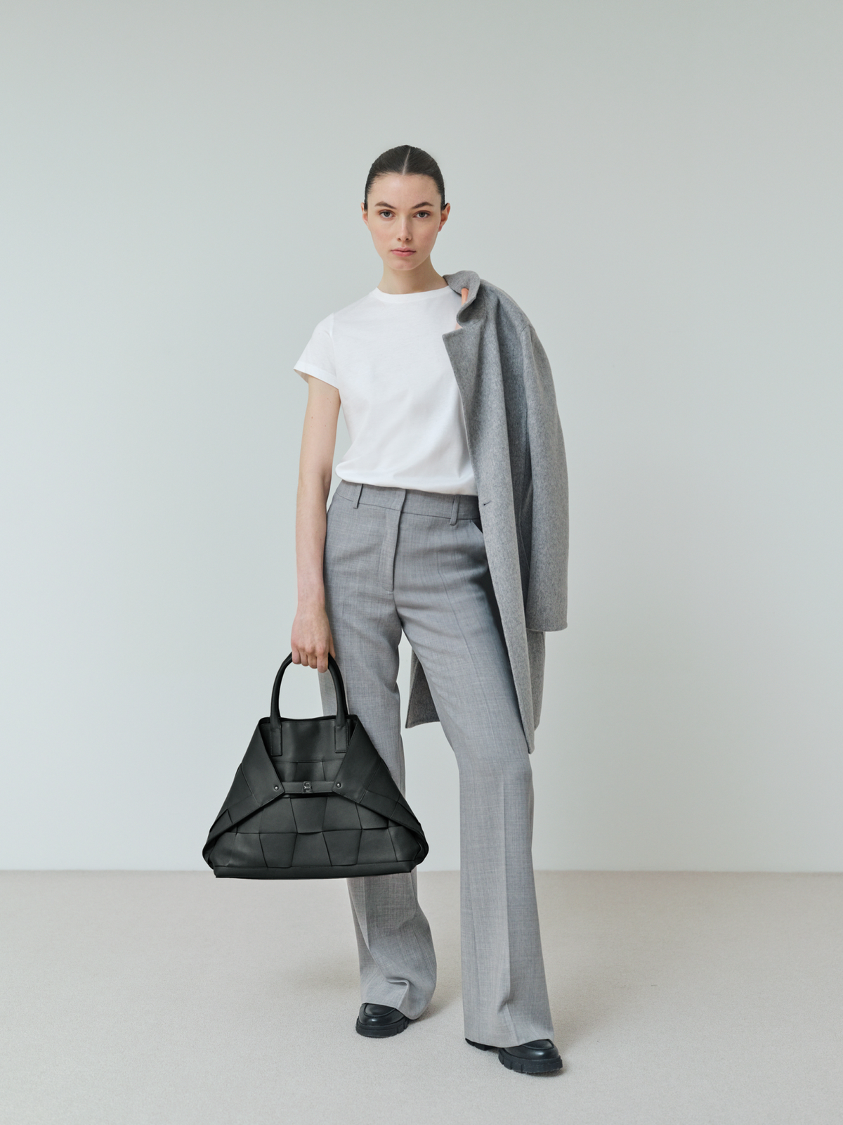 Designer Wide Straight Wool Stretch Double-Face Pants - grey #editorial
