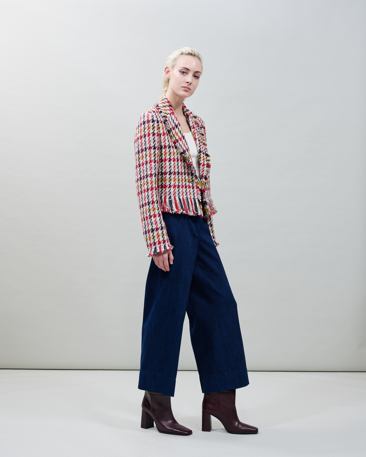 Designer Short Tweed Jacket with Fringes - multicolor - red #editorial