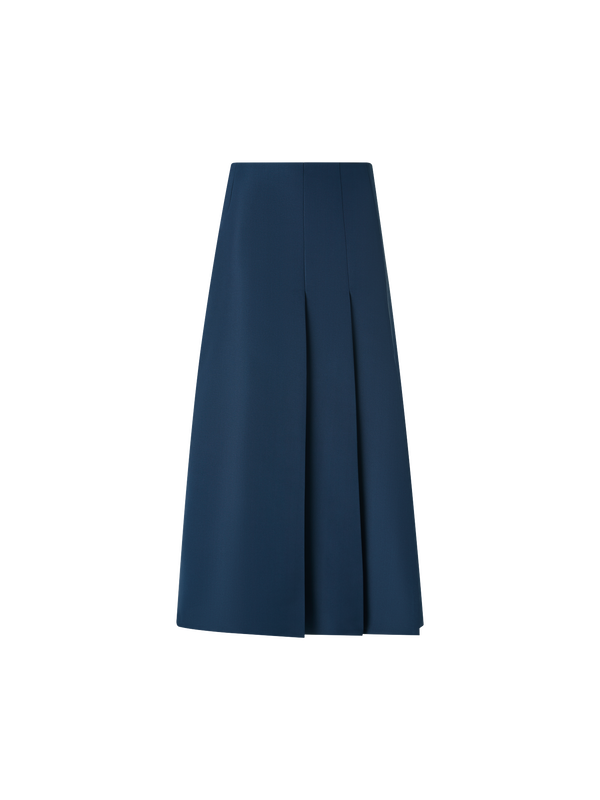 Designer Half-Pleated Ottoman Silk Midi Skirt - neutral - navy - blue