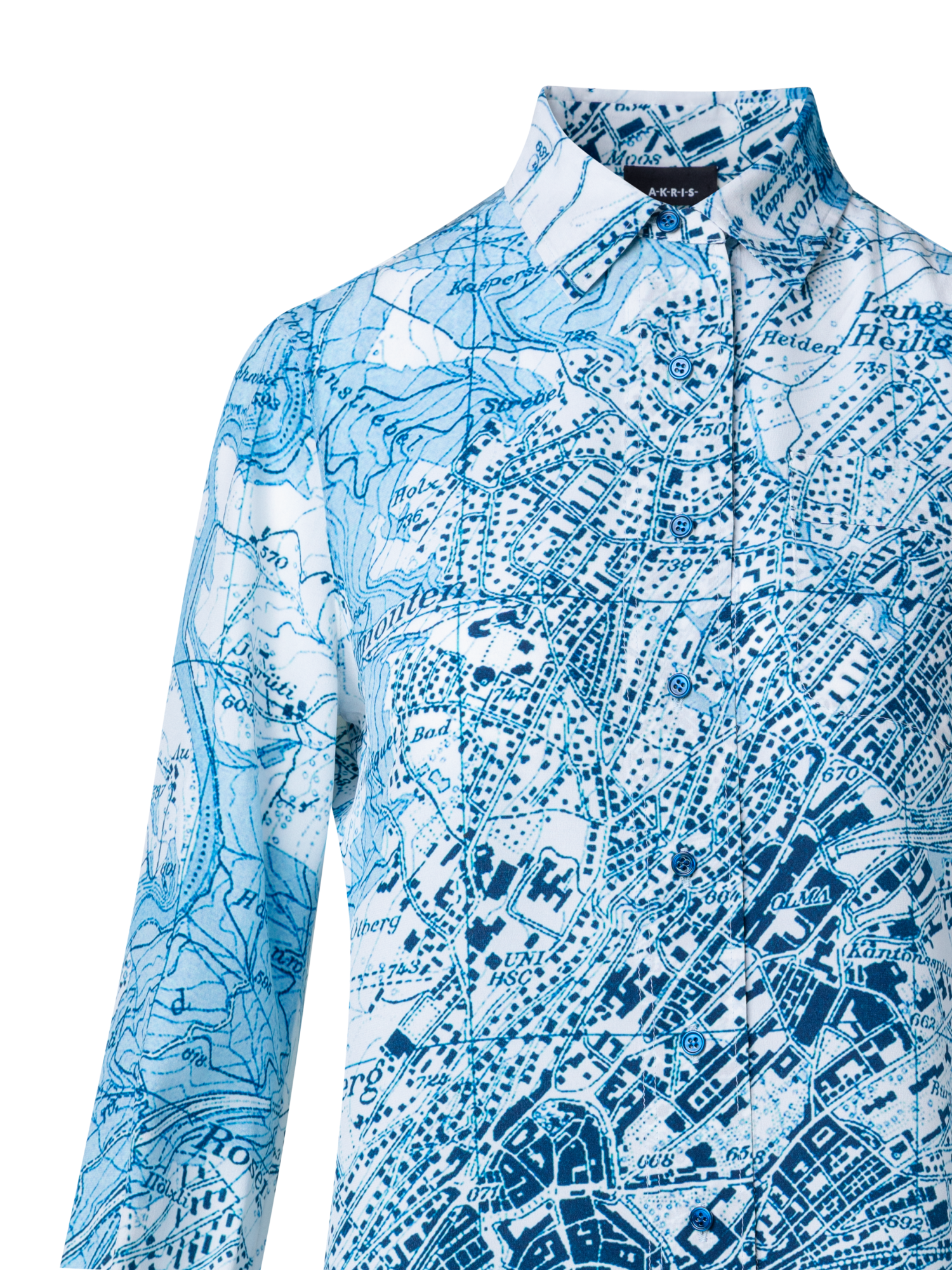 Designer St. Gallen Map Print Silk Blouse - blue - multicolor