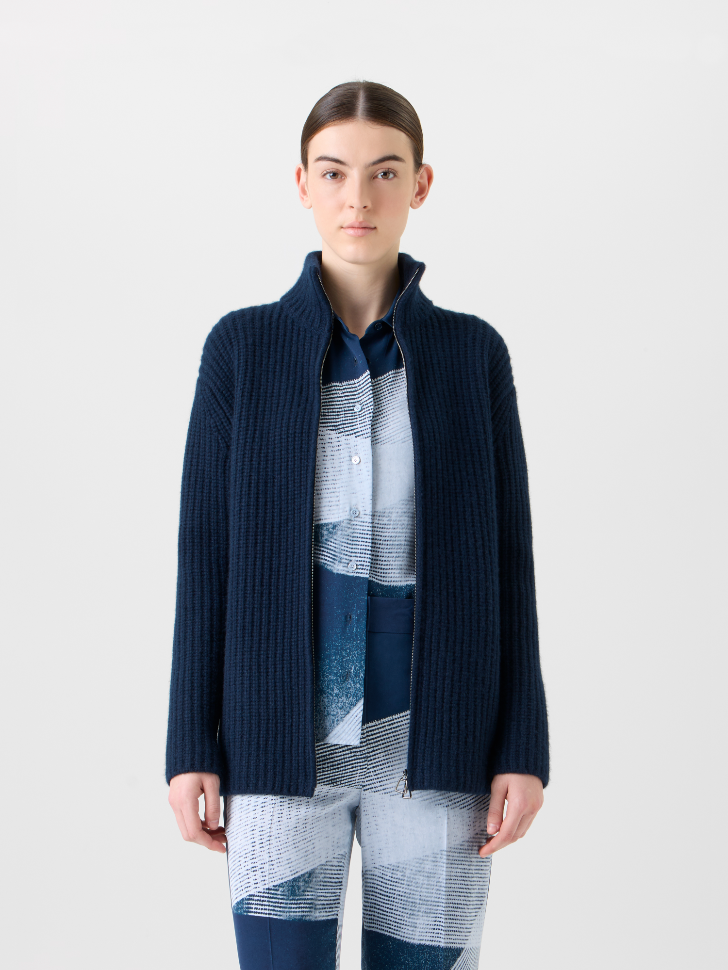 Designer Cashmere Mock Neck Chunky Knit Cardigan - neutral - navy - blue 
