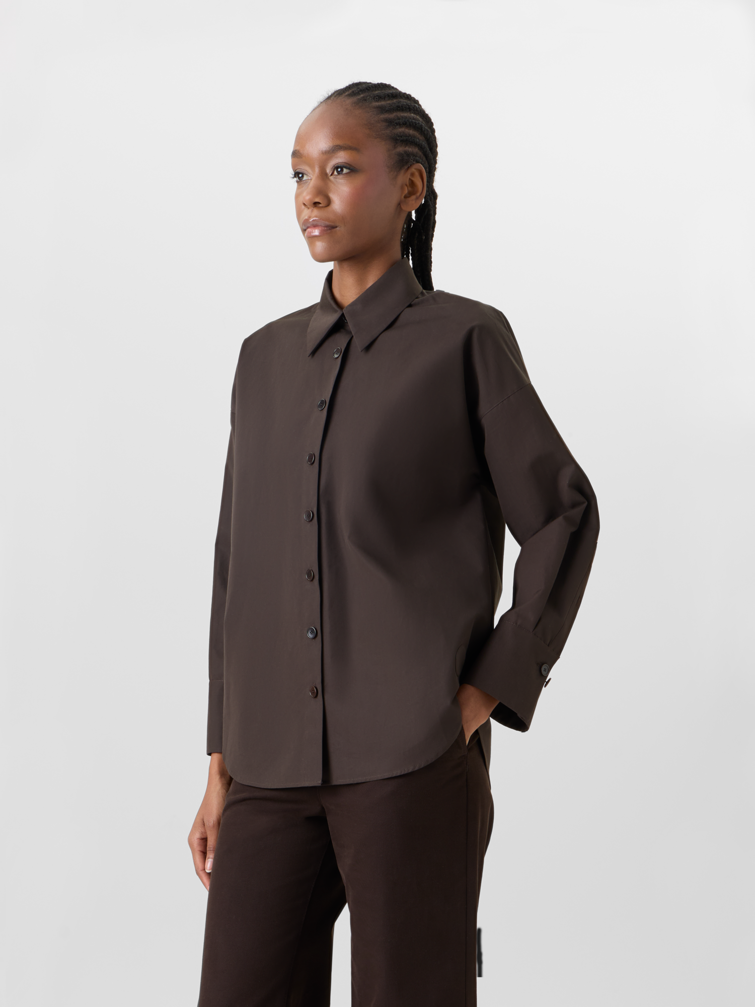 Designer Long-Sleeve Cotton Shirt Blouse - brown 