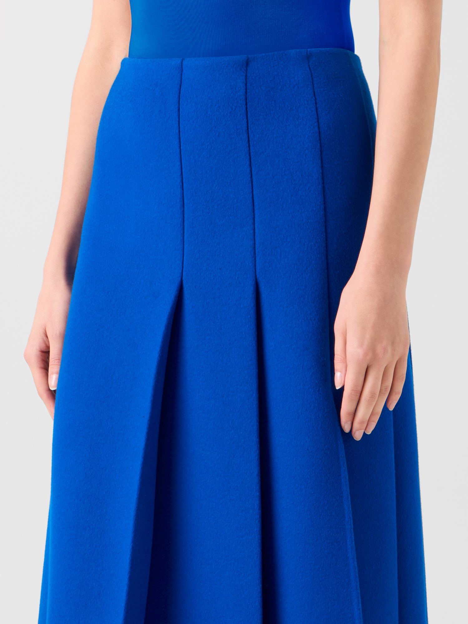 Designer Pleated Wool Flannel Double-Face Midi Skirt - blue 