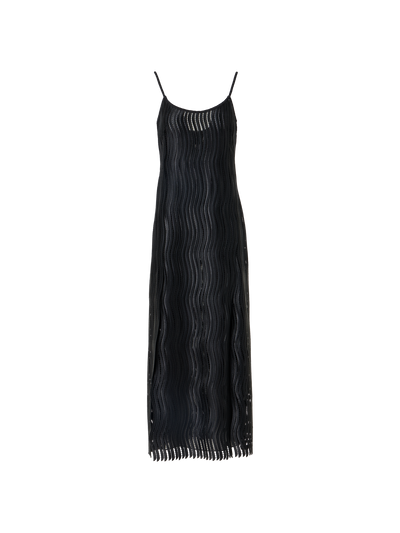 Designer Strap Midi Dress in Wave Guipure - black
