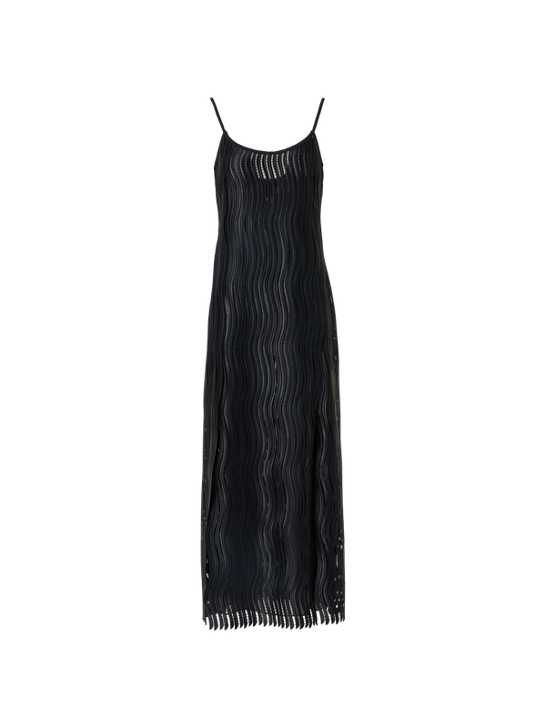 Designer Strap Midi Dress in Wave Guipure - black