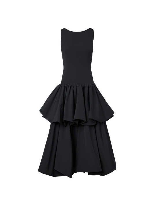 Designer Techno Taffeta Maxi Dress with Flounces - black