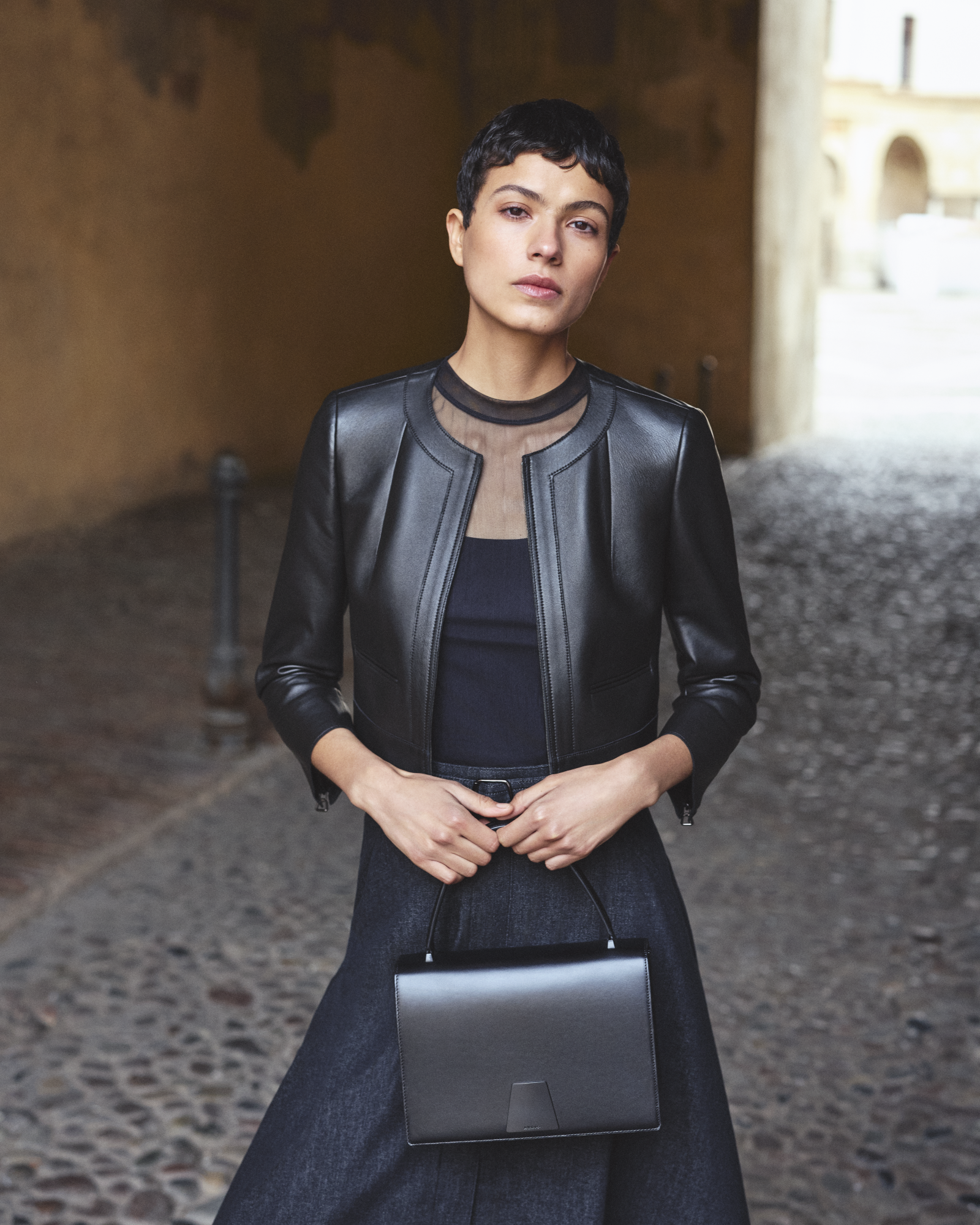 Designer Cropped Leather Jacket with Crew Neck - black - neutral 