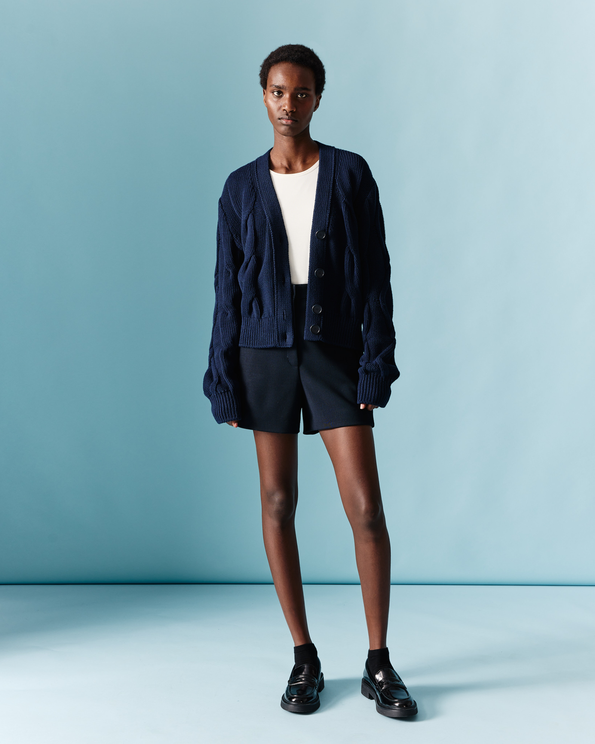 Designer Cardigan in Chunky Cotton Cable Knit - navy - blue #editorial