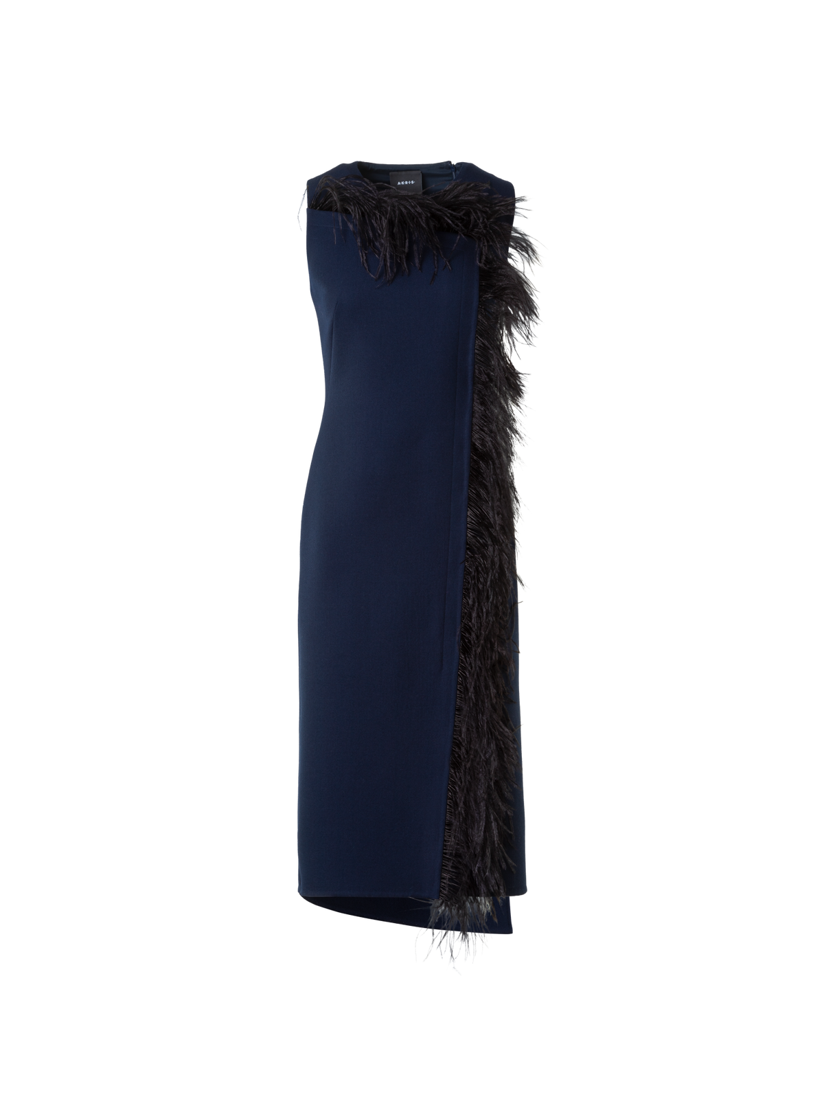 Designer Asymmetrical Midi Dress with Feather Trim - navy - blue - multicolor