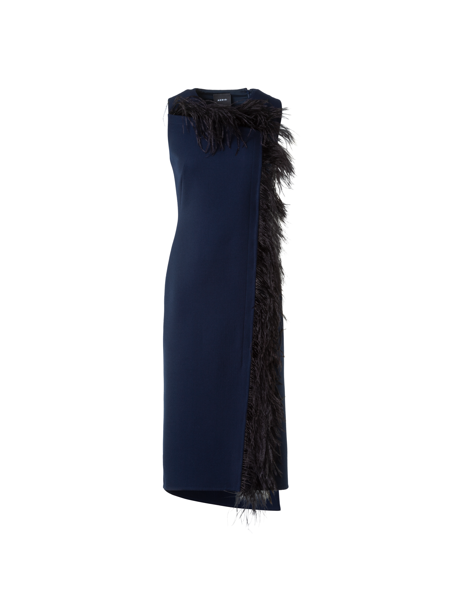 Designer Asymmetrical Midi Dress with Feather Trim - navy - blue - multicolor